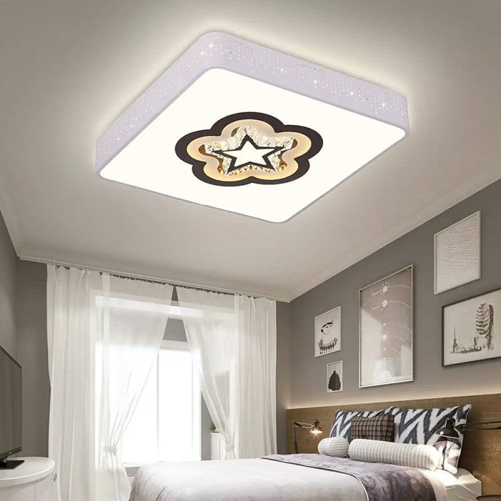 Acrylic Led Square Ceiling Light With Crystal Patterns For Bedroom White / Flower
