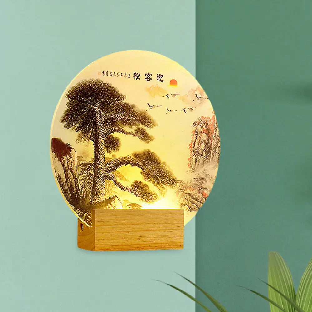 Acrylic Led Wall Light: Round Pine Tree & Mountain - Oriental Style Wood Mural Lamp