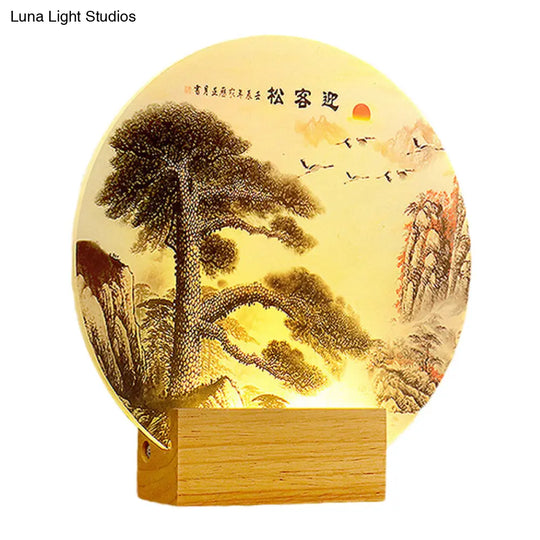 Acrylic Led Wall Light: Round Pine Tree & Mountain - Oriental Style Wood Mural Lamp