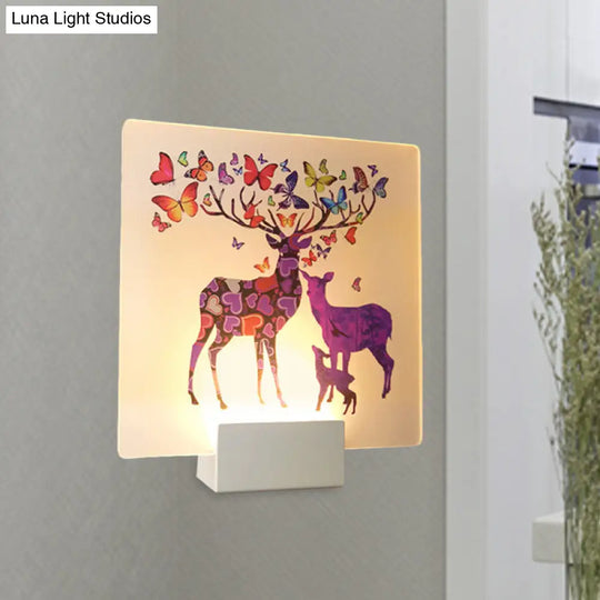 Acrylic Led Wall Sconce: Round/Square Nordic White And Pink/Purple Deer Mural Lighting For Bedside