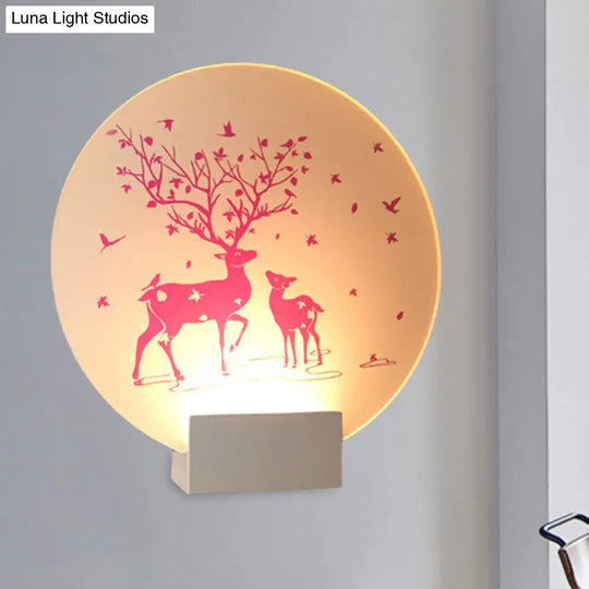 Acrylic Led Wall Sconce: Round/Square Nordic White And Pink/Purple Deer Mural Lighting For Bedside