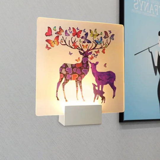 Acrylic Led Wall Sconce: Round/Square Nordic White And Pink/Purple Deer Mural Lighting For Bedside