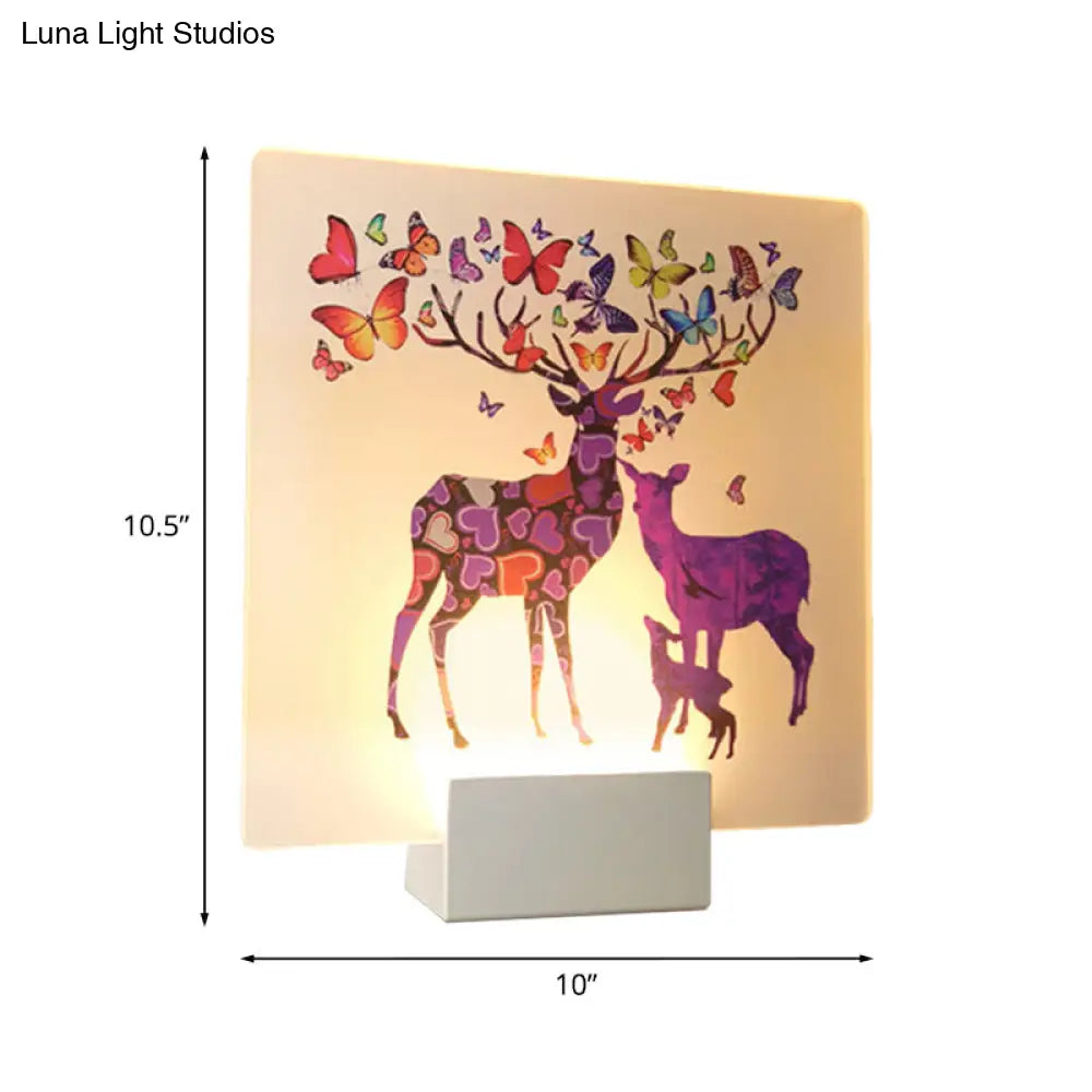 Acrylic Led Wall Sconce: Round/Square Nordic White And Pink/Purple Deer Mural Lighting For Bedside