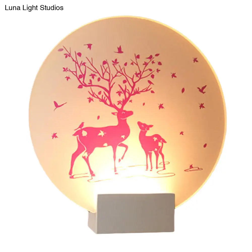 Acrylic Led Wall Sconce: Round/Square Nordic White And Pink/Purple Deer Mural Lighting For Bedside