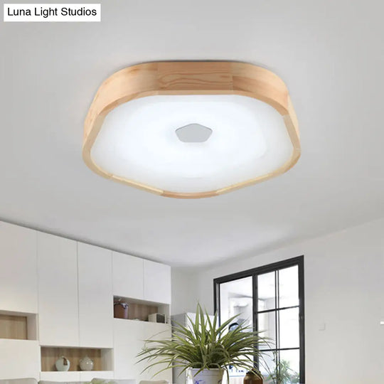 Acrylic Led Wood Pentagon Flush Ceiling Light - Simple Style Beige Bedroom Fixture Warm/White