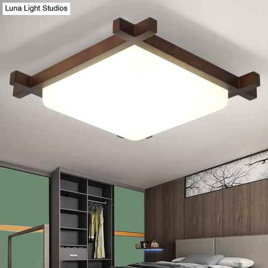 Acrylic Nordic Style Led Square Bedroom Flush Ceiling Light Fixture With Wood Finish