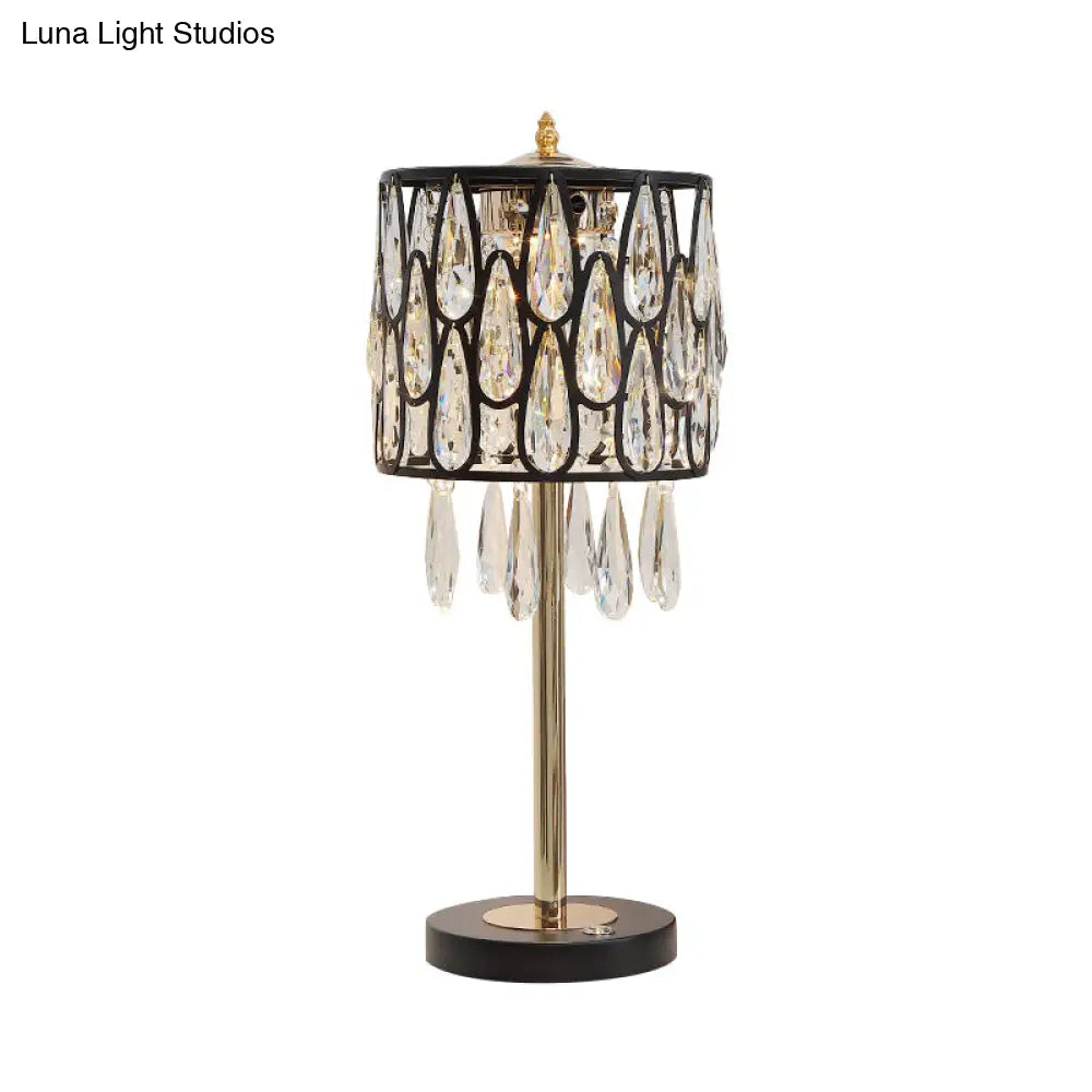 Contemporary Metal Nightstand Lamp With Crystal Raindrop Encrusted Drum Shade