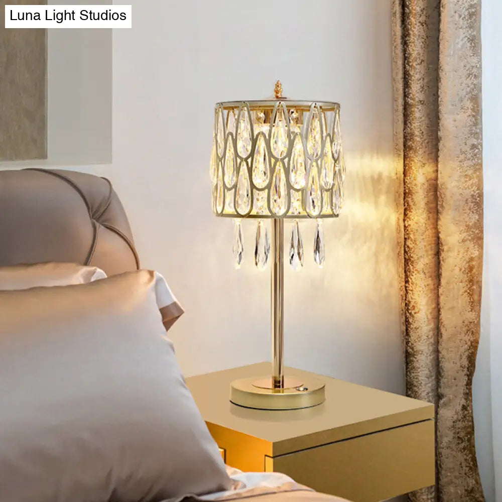 Contemporary Metal Nightstand Lamp With Crystal Raindrop Encrusted Drum Shade