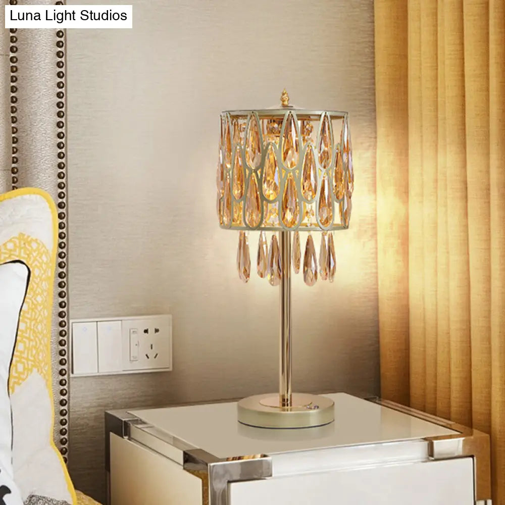 Contemporary Metal Nightstand Lamp With Crystal Raindrop Encrusted Drum Shade