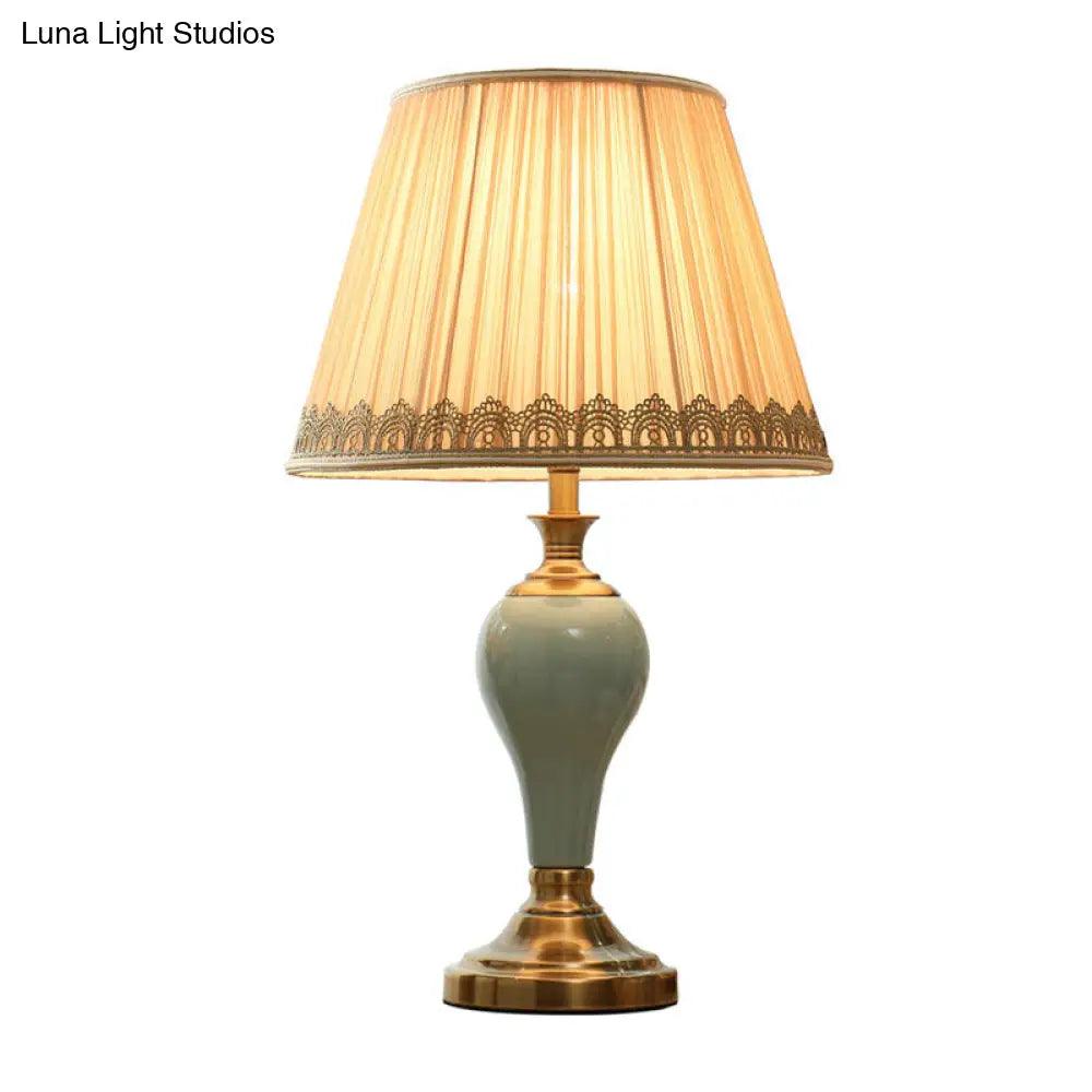 Ceramic Urn Table Lamp Vintage Bedside Nightstand Light In Aqua/Beige/Grey With Fabric Shade