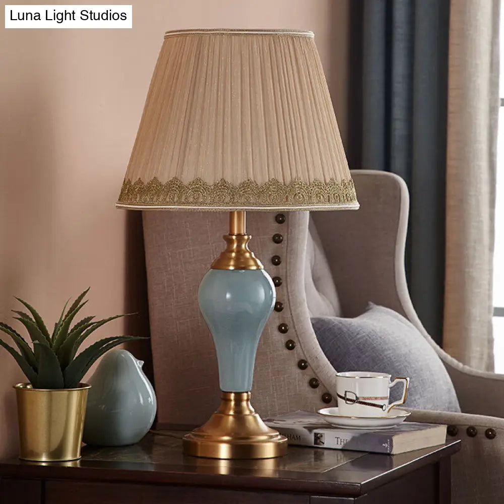 Ceramic Urn Table Lamp Vintage Bedside Nightstand Light In Aqua/Beige/Grey With Fabric Shade