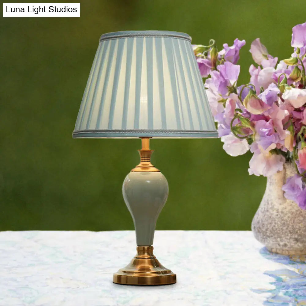 Ceramic Urn Table Lamp Vintage Bedside Nightstand Light In Aqua/Beige/Grey With Fabric Shade Aqua