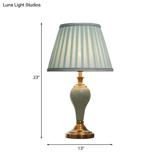 Ceramic Urn Table Lamp Vintage Bedside Nightstand Light In Aqua/Beige/Grey With Fabric Shade