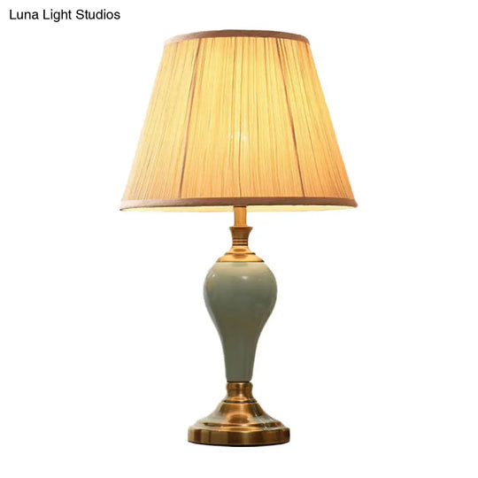 Ceramic Urn Table Lamp Vintage Bedside Nightstand Light In Aqua/Beige/Grey With Fabric Shade