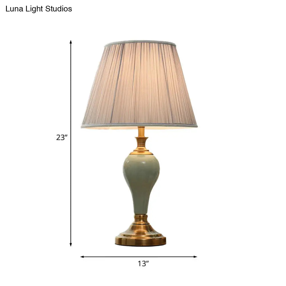 Ceramic Urn Table Lamp Vintage Bedside Nightstand Light In Aqua/Beige/Grey With Fabric Shade