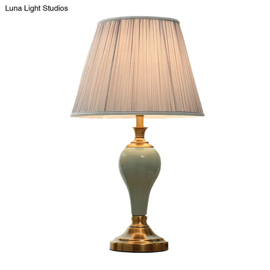 Ceramic Urn Table Lamp Vintage Bedside Nightstand Light In Aqua/Beige/Grey With Fabric Shade