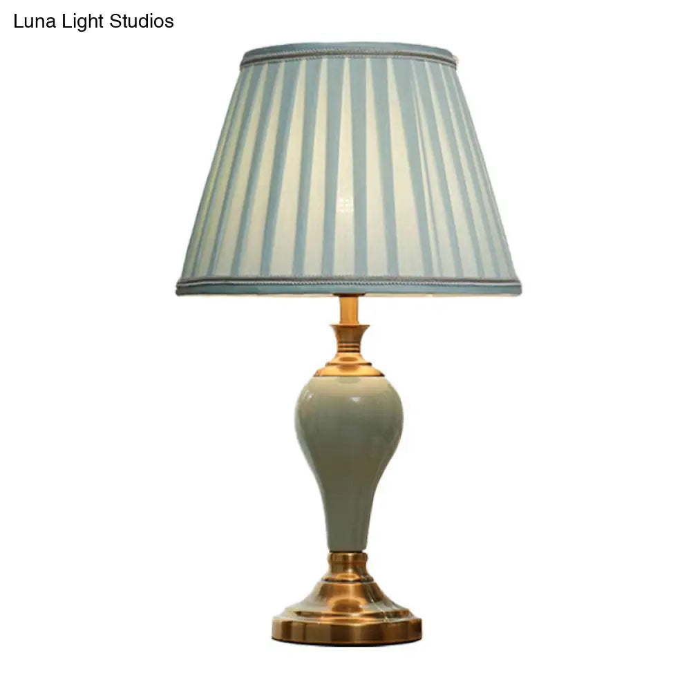 Ceramic Urn Table Lamp Vintage Bedside Nightstand Light In Aqua/Beige/Grey With Fabric Shade