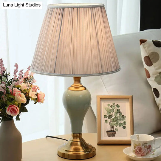 Ceramic Urn Table Lamp Vintage Bedside Nightstand Light In Aqua/Beige/Grey With Fabric Shade Silver