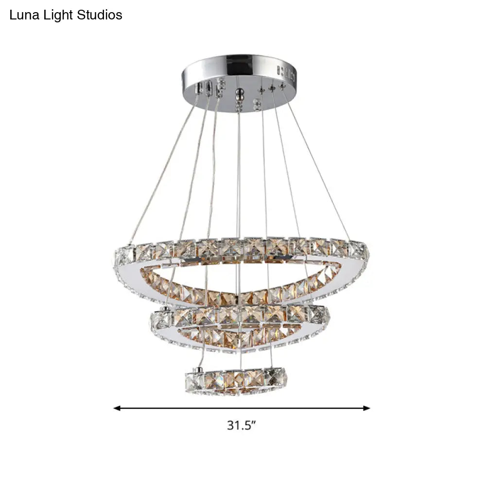 Contemporary Crystal Chrome Led Chandelier - 3-Tier Drop Pendant Perfect For Restaurants