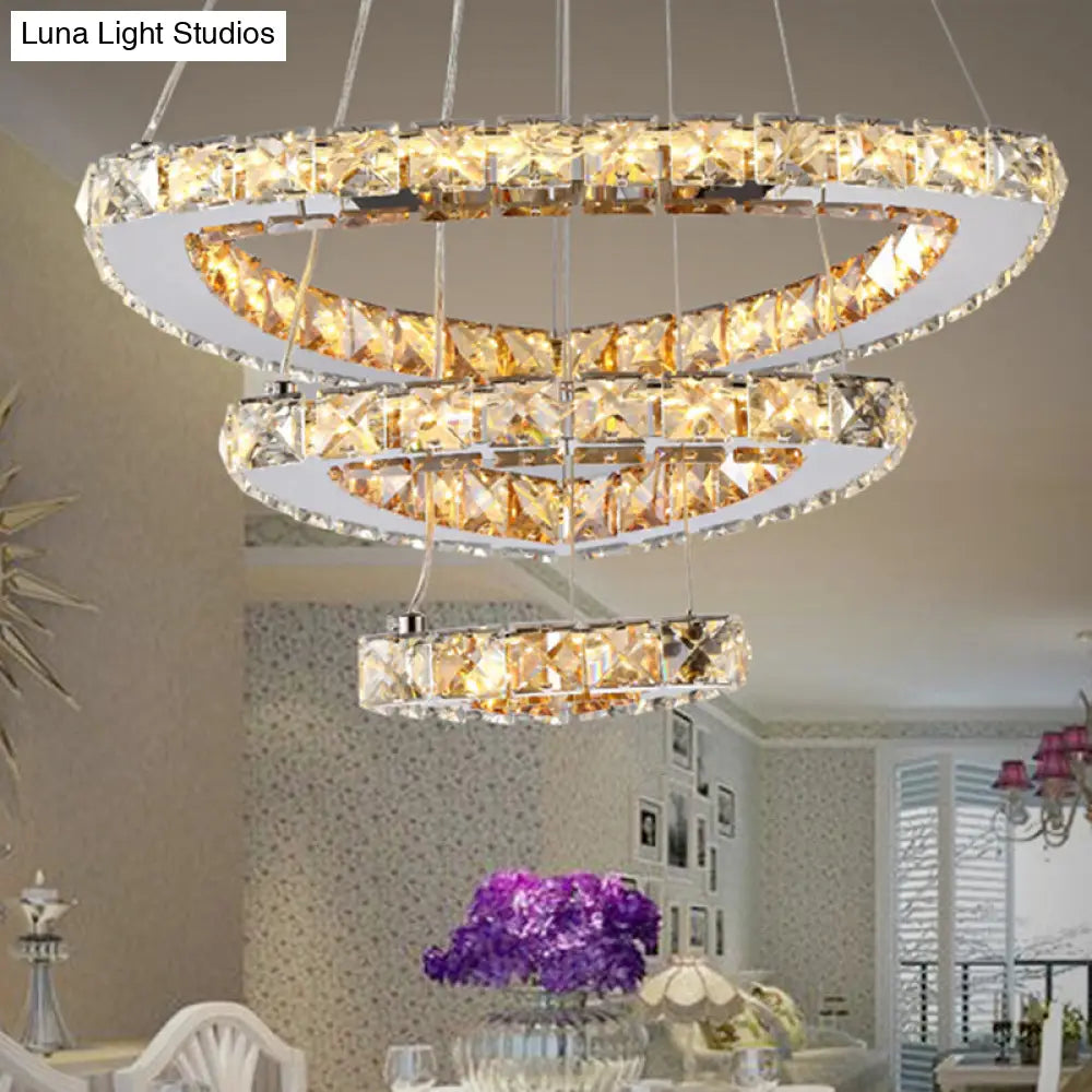 Contemporary Crystal Chrome Led Chandelier - 3-Tier Drop Pendant Perfect For Restaurants