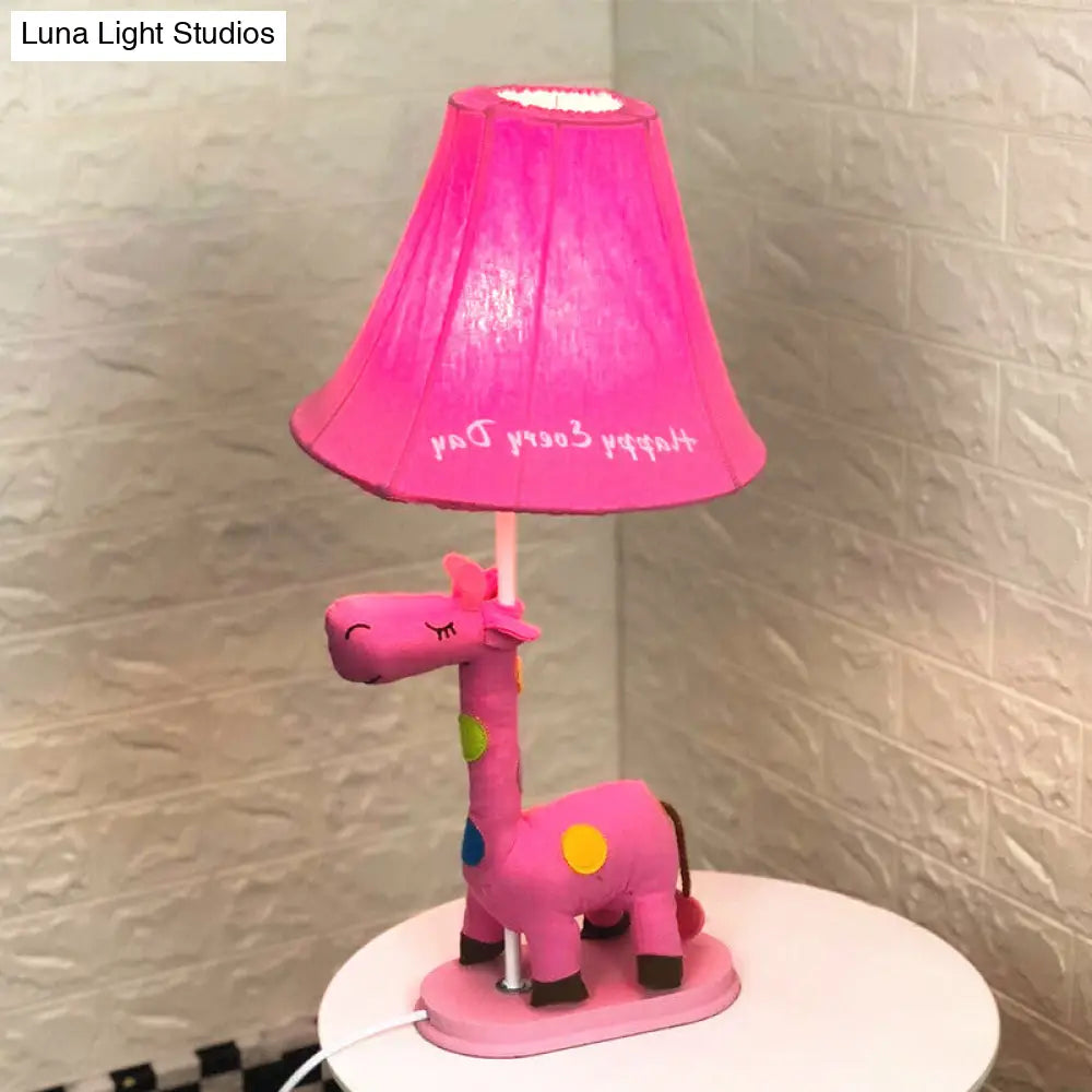 Flared Script-Print Fabric Table Night Lamp For Kids With Giraffe Base - Single-Bulb