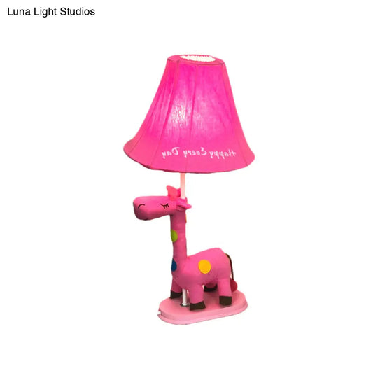 Flared Script-Print Fabric Table Night Lamp For Kids With Giraffe Base - Single-Bulb