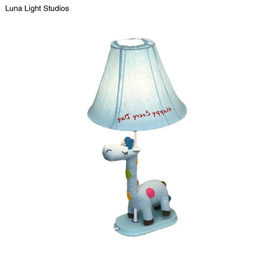 Flared Script-Print Fabric Table Night Lamp For Kids With Giraffe Base - Single-Bulb