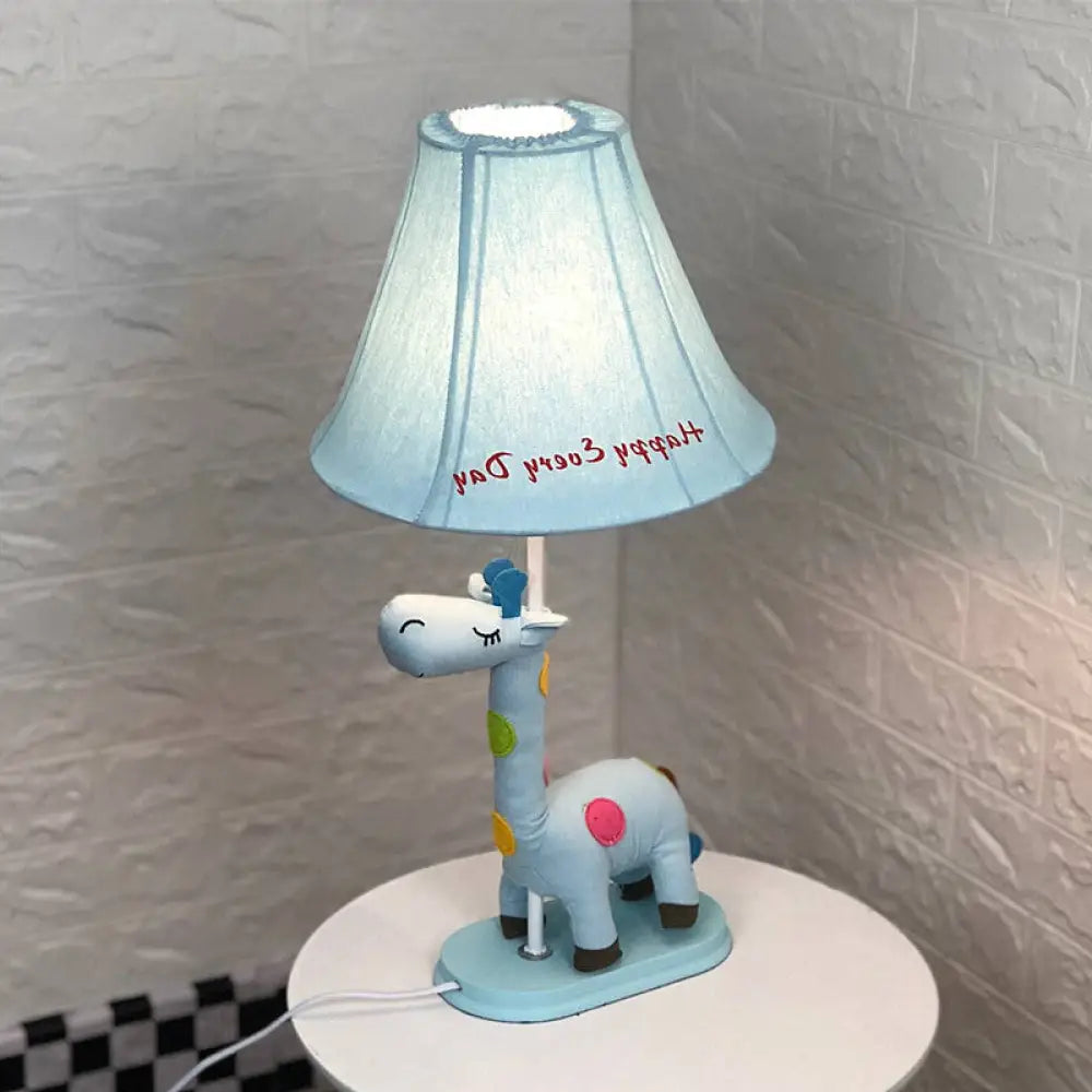 Addison - Giraffe Flared Script-Print Fabric Table Lighting Kids Single-Bulb Yellow/Blue/Pink Night