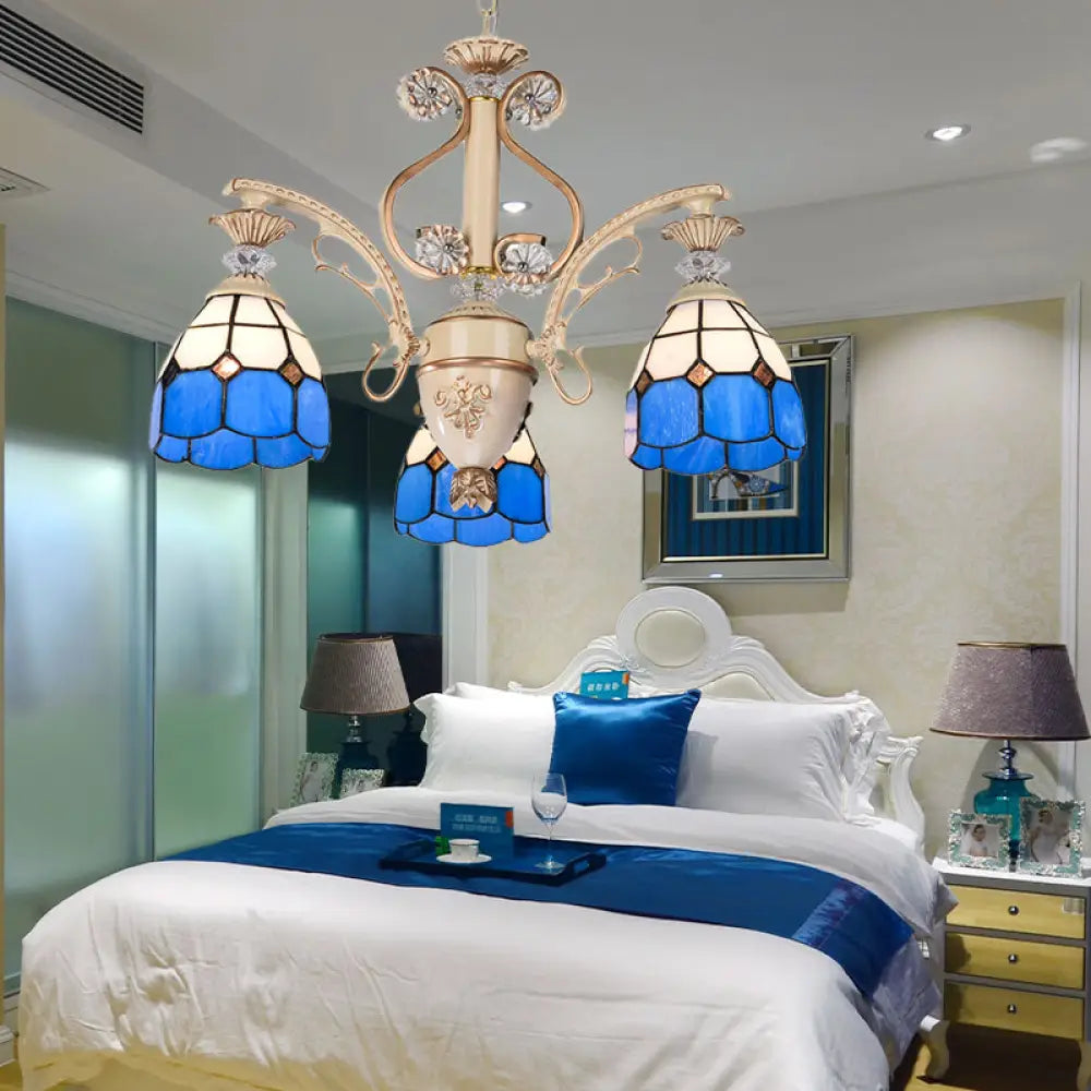 Adjustable 3-Light Blue Glass Dome Chandelier For Foyer Pendant Lighting With Chain