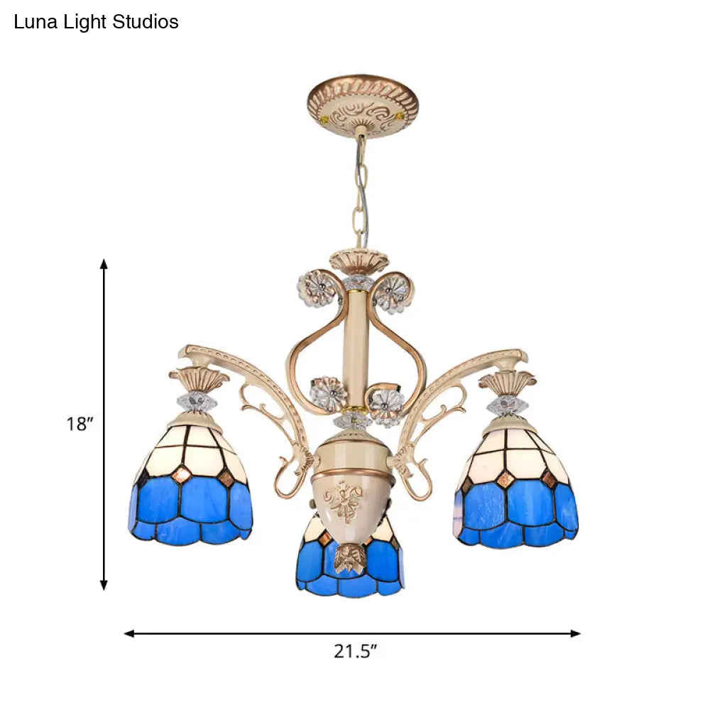 Adjustable 3-Light Blue Glass Dome Chandelier For Foyer Pendant Lighting With Chain