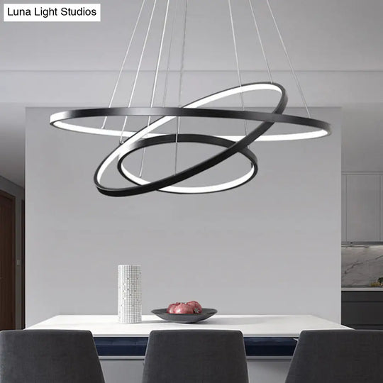 Adjustable 3-Tier Circle Chandelier: Simple Metal Bedroom Led Hanging Light In Black/White Black