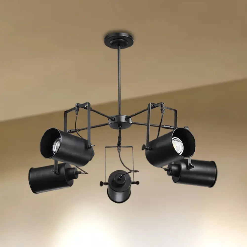 Adjustable 5-Bulb Black Chandelier Pendant Lamp With Retro Metal Cylinder Shade - Elegant Hanging