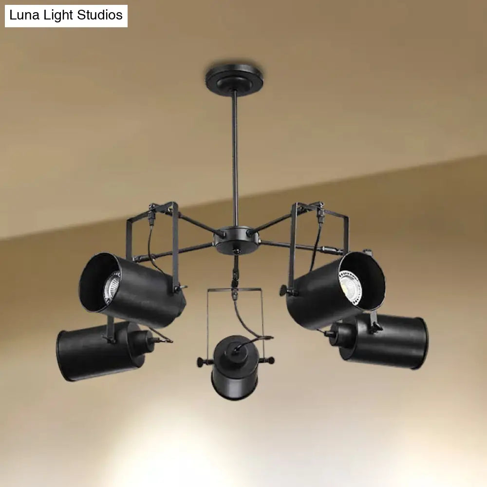 Adjustable Pendant Lighting - Black Finish Chandelier With Retro Metal Cylinder Shade 5 Bulbs