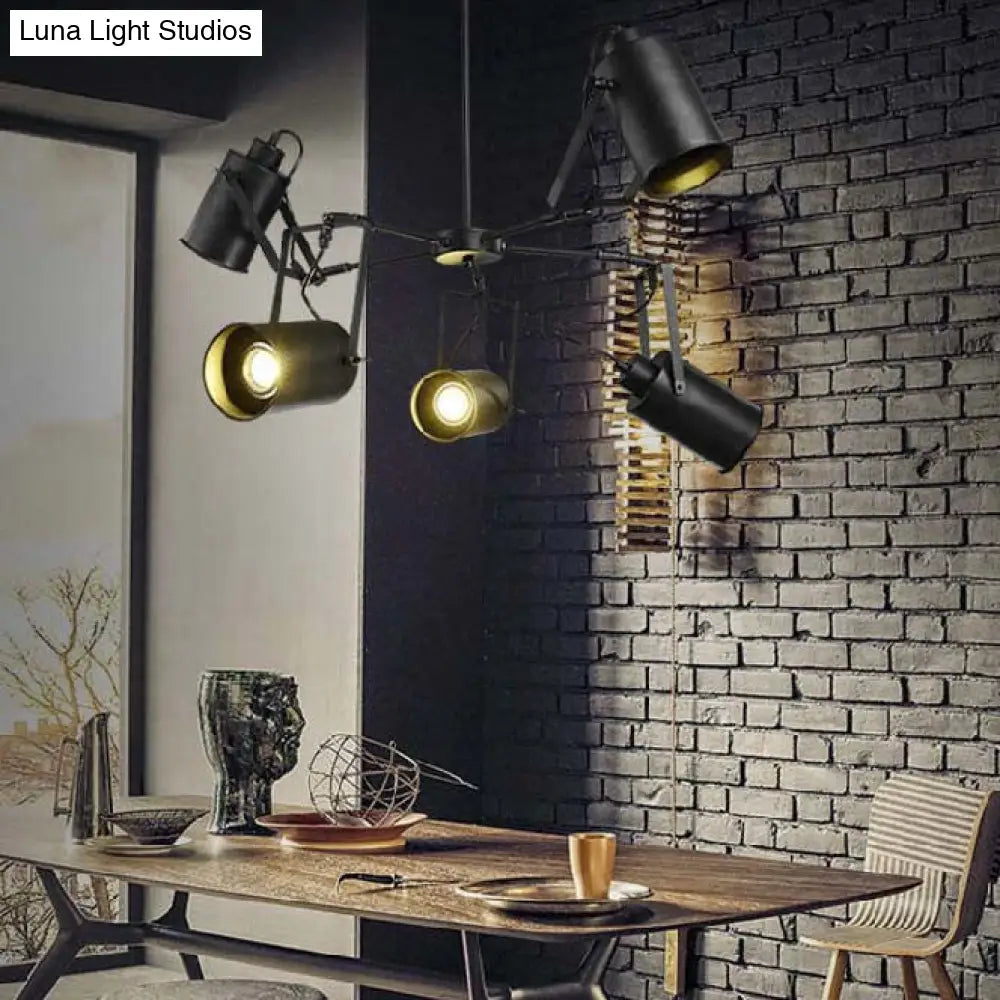 Adjustable Pendant Lighting - Black Finish Chandelier With Retro Metal Cylinder Shade 5 Bulbs