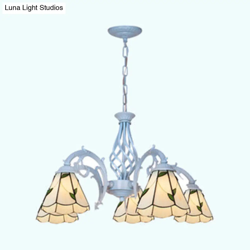 Leaf Pattern Stained Glass Chandelier With Adjustable Height - 5-Light Lodge Pendant In Beige