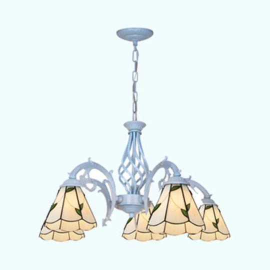 Adjustable 5-Light Stained Glass Chandelier With Leaf Pattern And Lodge Style In Beige