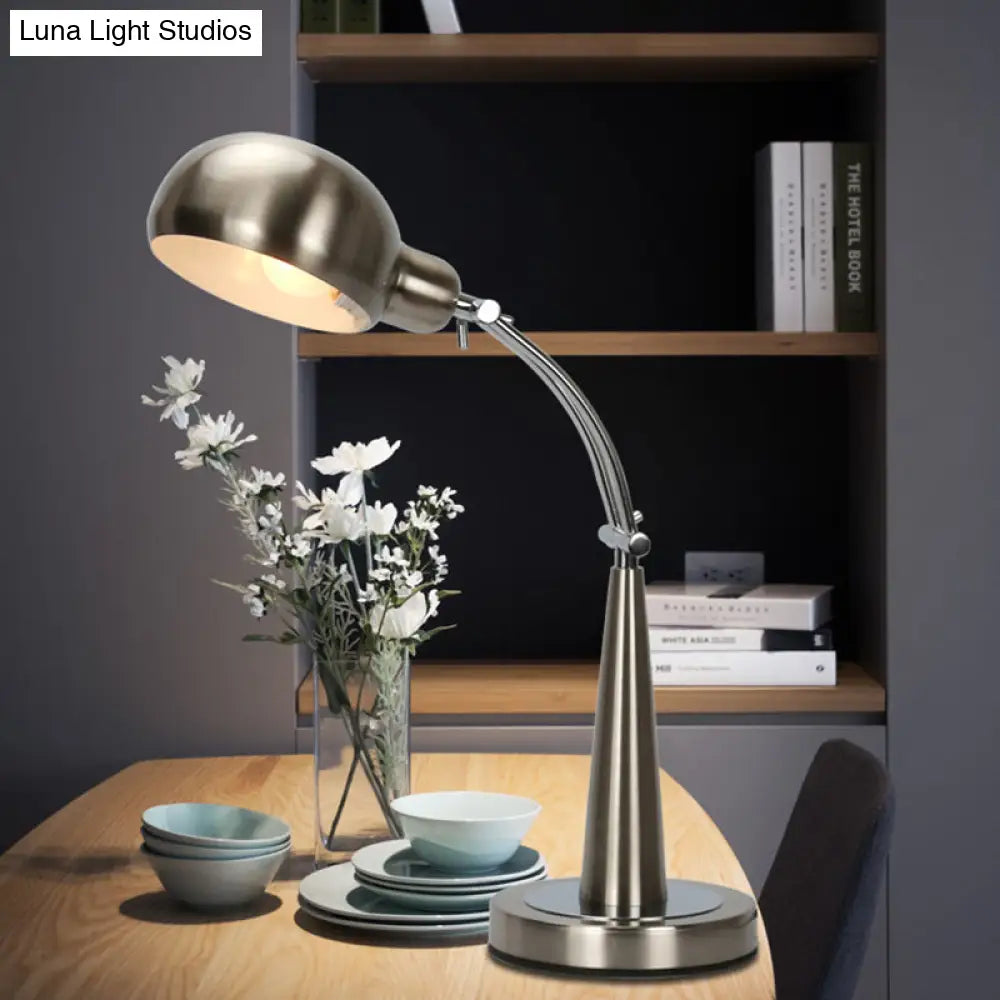 Adjustable Arm Dome Shade Reading Light In Black/Silver: Industrial Metal Plug-In Table Lamp