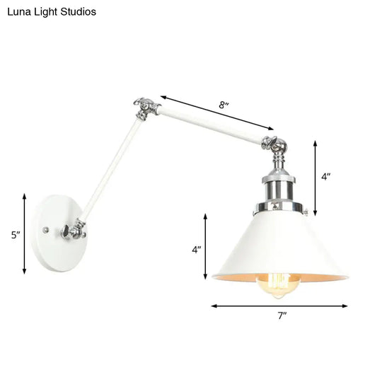 Adjustable Arm Industrial Metal Wall Lamp Lighting With 1 Light Fixture - White Cone/Saucer/Wavy