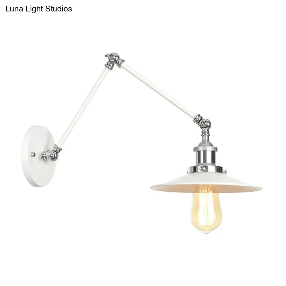 Adjustable Arm Industrial Metal Wall Lamp Lighting With 1 Light Fixture - White Cone/Saucer/Wavy