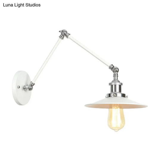 Adjustable Arm Industrial Metal Wall Lamp Lighting With 1 Light Fixture - White Cone/Saucer/Wavy