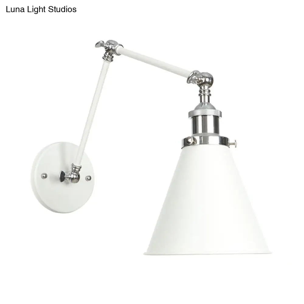 Adjustable Arm Industrial Metal Wall Lamp Lighting With 1 Light Fixture - White Cone/Saucer/Wavy