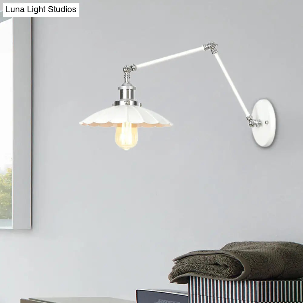 Adjustable Arm Industrial Metal Wall Lamp Lighting With 1 Light Fixture - White Cone/Saucer/Wavy