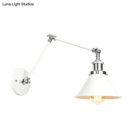 Adjustable Arm Industrial Metal Wall Lamp Lighting With 1 Light Fixture - White Cone/Saucer/Wavy