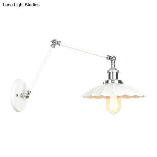 Adjustable Arm Industrial Metal Wall Lamp Lighting With 1 Light Fixture - White Cone/Saucer/Wavy