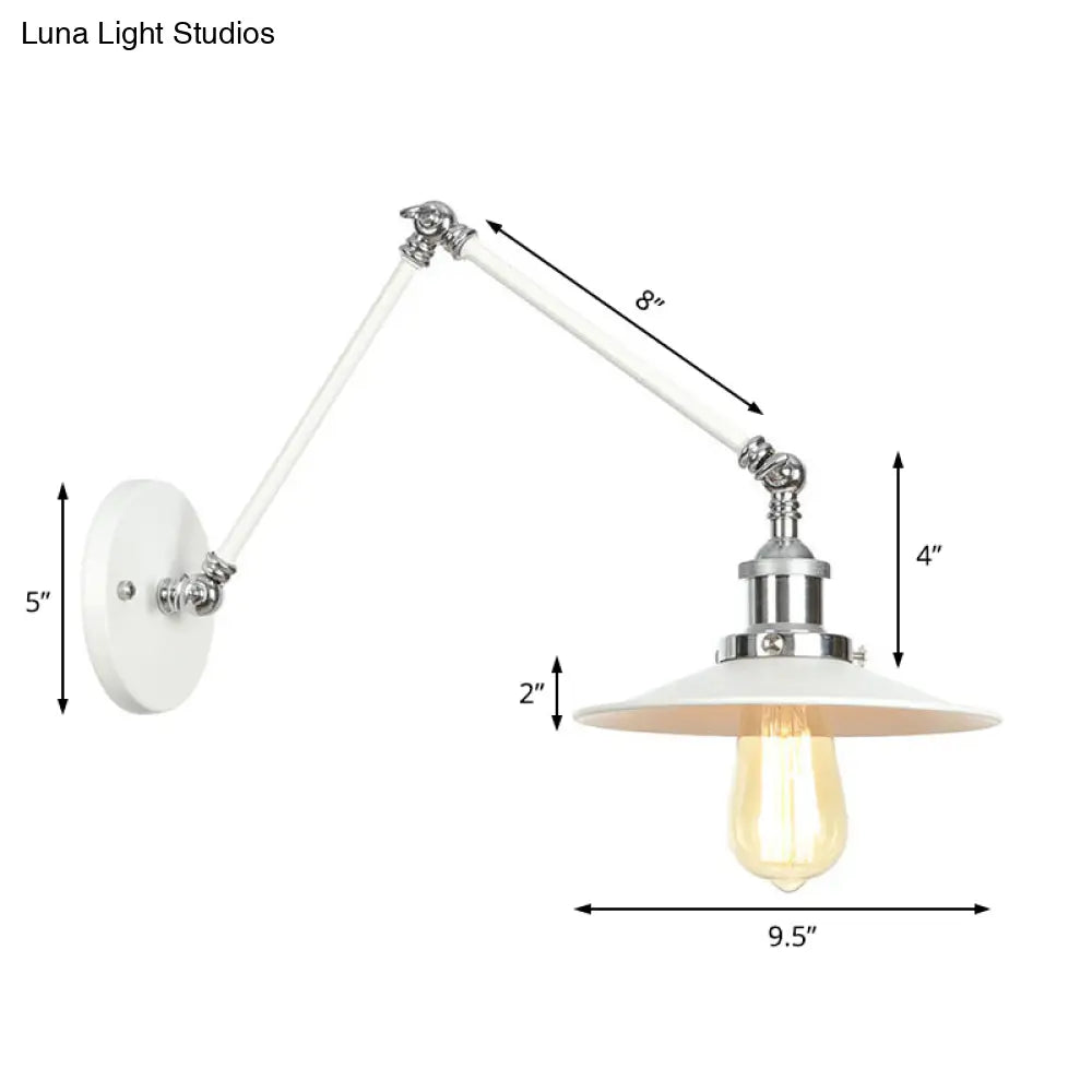 Adjustable Arm Industrial Metal Wall Lamp Lighting With 1 Light Fixture - White Cone/Saucer/Wavy