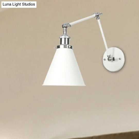 Adjustable Arm Industrial Metal Wall Lamp Lighting With 1 Light Fixture - White Cone/Saucer/Wavy