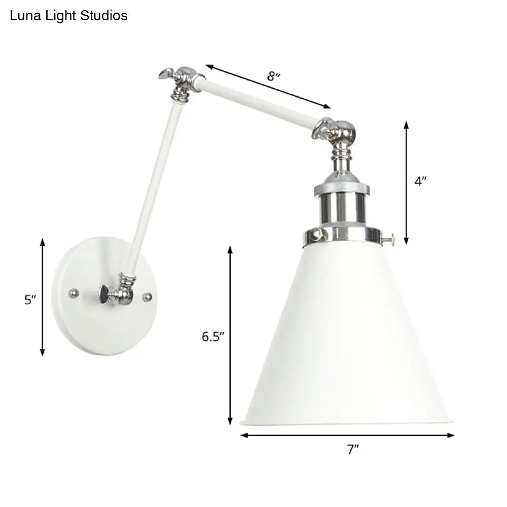 Adjustable Arm Industrial Metal Wall Lamp Lighting With 1 Light Fixture - White Cone/Saucer/Wavy