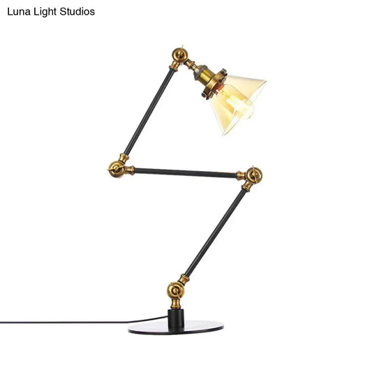 Adjustable Arm Industrial Table Lamp With Clear Glass Shade - Black/Brass Finish