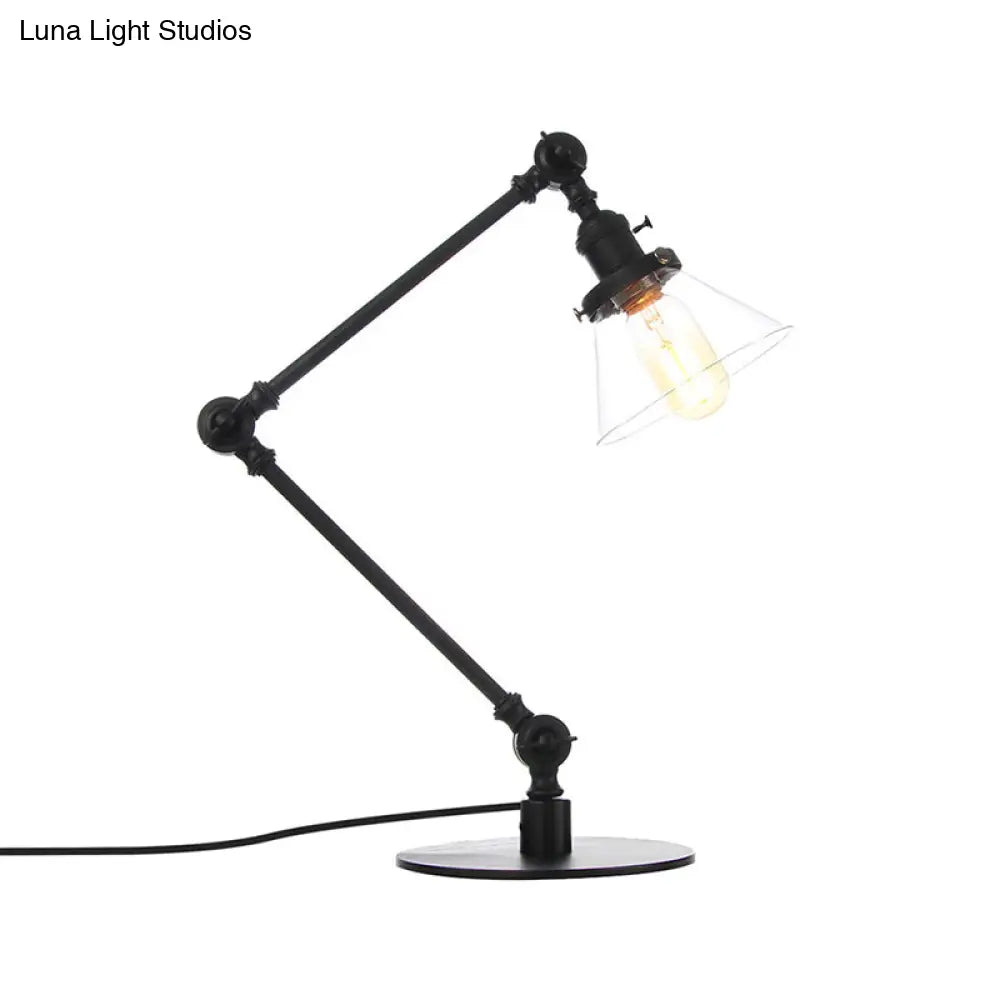 Adjustable Arm Industrial Table Lamp With Clear Glass Shade - Black/Brass Finish