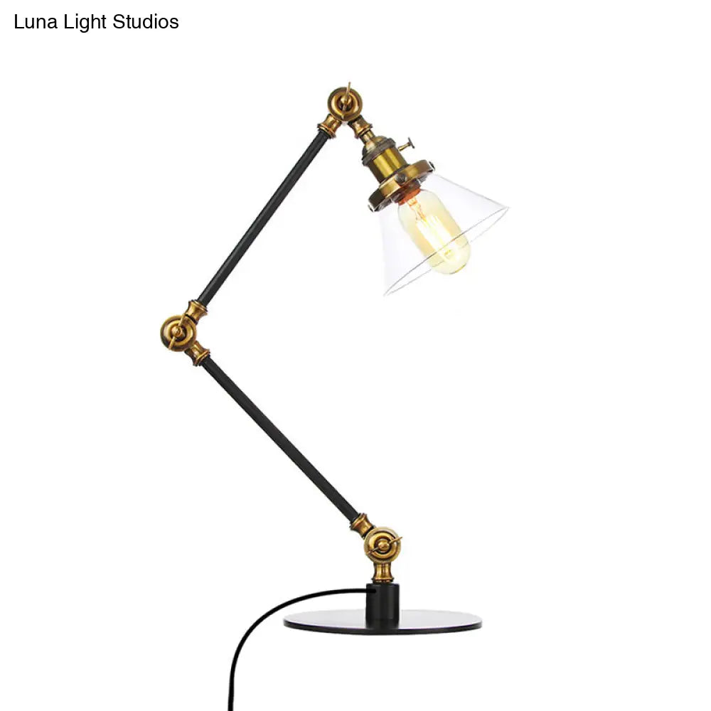 Adjustable Arm Industrial Table Lamp With Clear Glass Shade - Black/Brass Finish